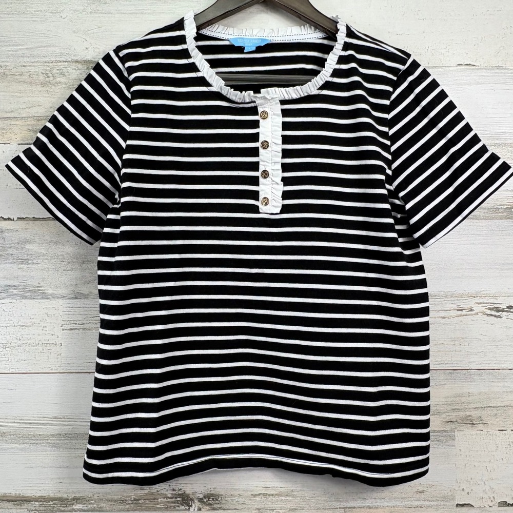 Draper James RSVP Henley Top Womens L Black White Striped Ruffle Preppy Chic